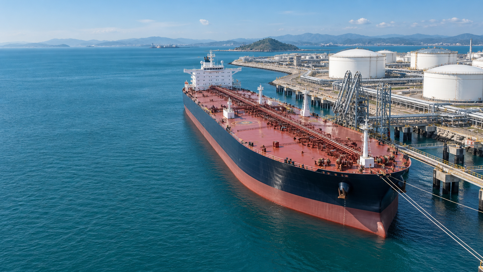 Large unnamed oil tanker berthed at a fictional port, AI-generated illustration