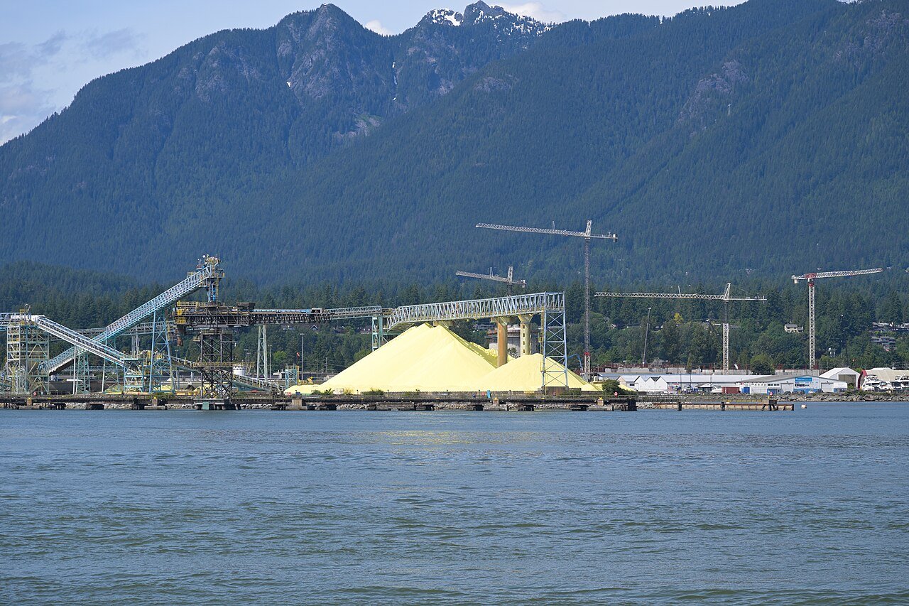 Sulphur stockpiles at Vancouver harbour, industry reference